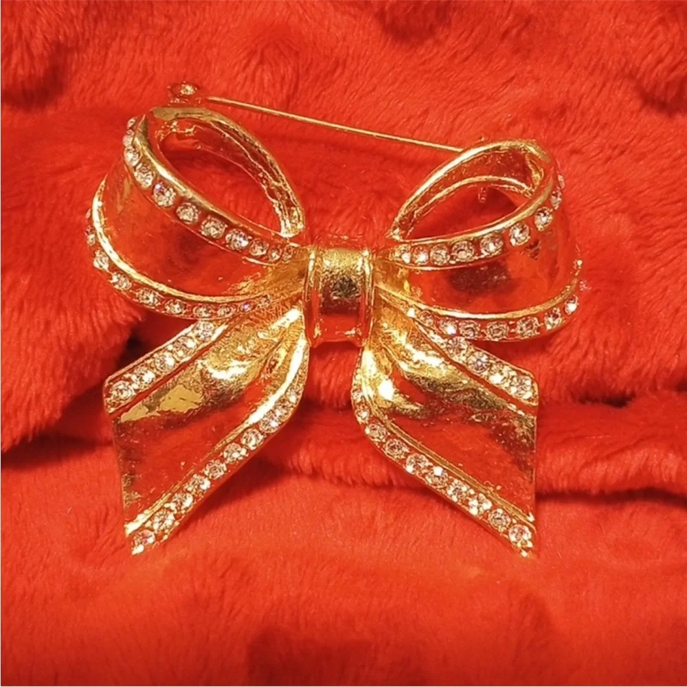 Gold Bow Brooch with Rhinestones - Picture 6 of 9